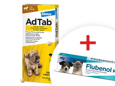 AdTab Žvýkací tablety proti blechám a klíšťatům psi 56 mg (1,3-2,5 kg) 1 ks + Flubenol KH 44 mg/ml perorální pasta 7,5 ml