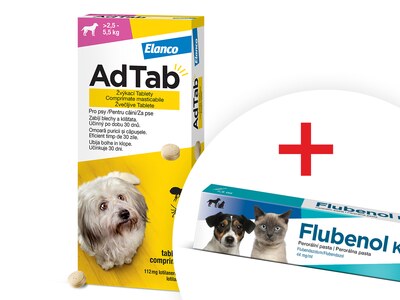 AdTab Žvýkací tablety proti blechám a klíšťatům psi 112 mg (2,5-5,5 kg) 1 ks + Flubenol KH 44 mg/ml perorální pasta 7,5 ml