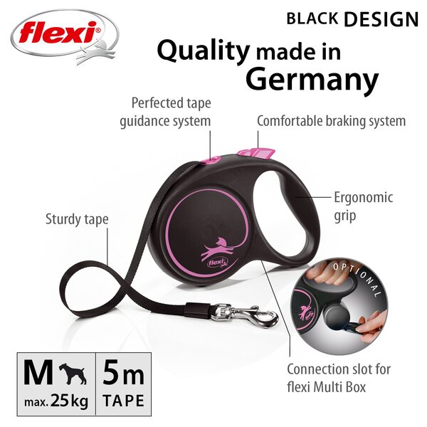 Flexi Vodítko Black design M pásek 5 m Černo-růžové 1 ks Flexi Vodítko Black design M pásek 5 m Černo-růžové 1 ks