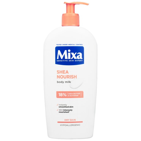 Mixa Shea Nourish vyživující tělové mléko s bambuckým máslem pro velmi suchou pokožku 400 ml