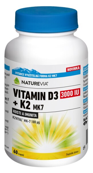 NatureVia Vitamin D3 3000UI + K2 MK7 60 kapslí