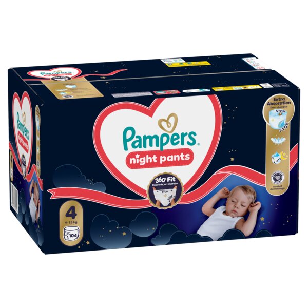 Pampers Night Pants 360°Fit 4 Plenkové kalhotky (9-15 kg) 104 ks Pampers Night Pants 360°Fit 4 Plenkové kalhotky (9-15 kg) 104 ks