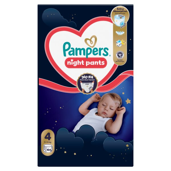 Pampers Night Pants 360°Fit 4 Plenkové kalhotky (9-15 kg) 104 ks Pampers Night Pants 360°Fit 4 Plenkové kalhotky (9-15 kg) 104 ks