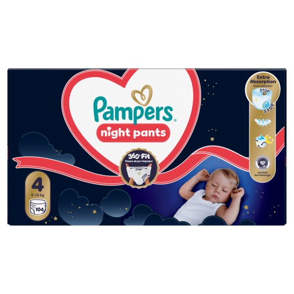 Pampers Night Pants 360°Fit 4 Plenkové kalhotky (9-15 kg) 104 ks Pampers Night Pants 360°Fit 4 Plenkové kalhotky (9-15 kg) 104 ks