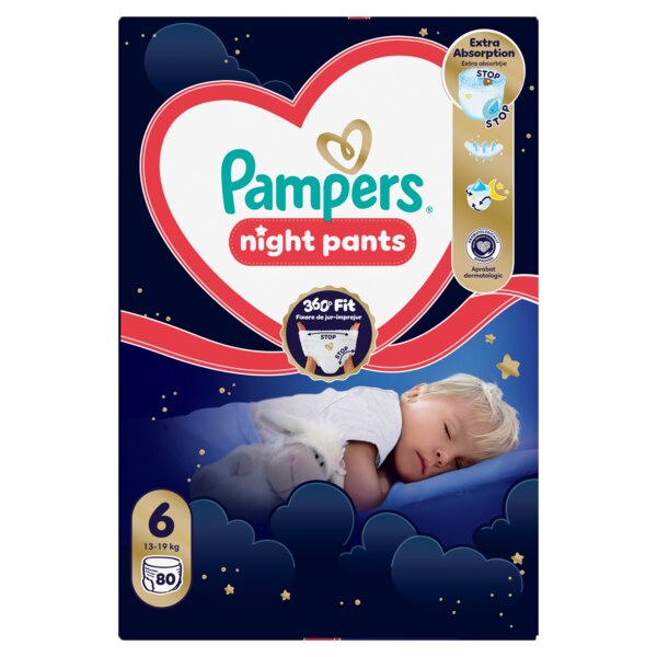Pampers Night Pants 360°Fit 6 Plenkové kalhotky (13-19 kg) 80 ks Pampers Night Pants 360°Fit 6 Plenkové kalhotky (13-19 kg) 80 ks