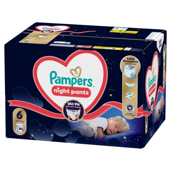 Pampers Night Pants 360°Fit 6 Plenkové kalhotky (13-19 kg) 80 ks Pampers Night Pants 360°Fit 6 Plenkové kalhotky (13-19 kg) 80 ks