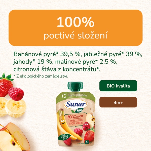 Sunar BIO ovocná kapsička banán jablko jahoda malina 4m+, 100 g Sunar BIO ovocná kapsička banán jablko jahoda malina 4m+, 100 g