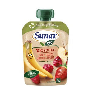 Sunar BIO ovocná kapsička banán jablko jahoda malina 4m+, 100 g Sunar BIO ovocná kapsička banán jablko jahoda malina 4m+, 100 g