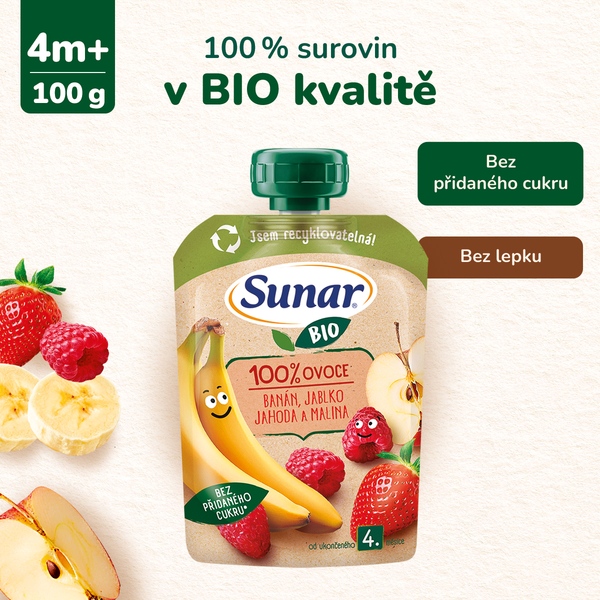 Sunar BIO ovocná kapsička banán jablko jahoda malina 4m+, 100 g Sunar BIO ovocná kapsička banán jablko jahoda malina 4m+, 100 g