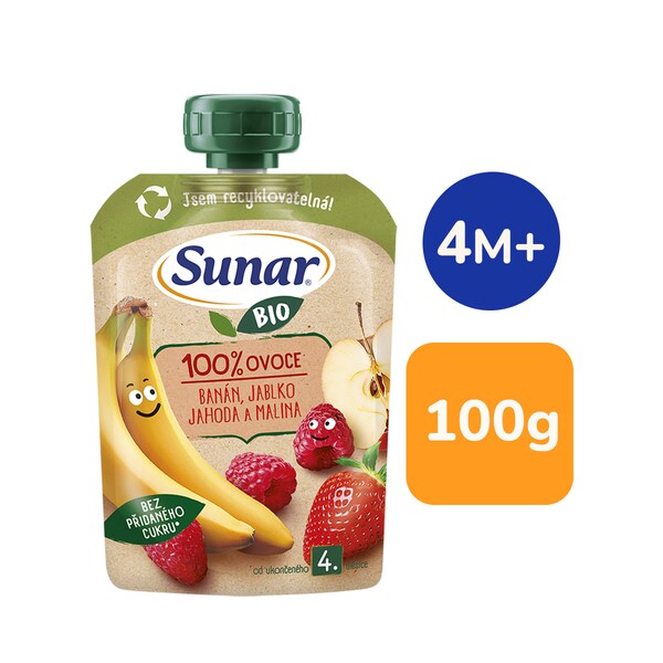 Sunar BIO ovocná kapsička banán jablko jahoda malina 4m+, 100 g Sunar BIO ovocná kapsička banán jablko jahoda malina 4m+, 100 g