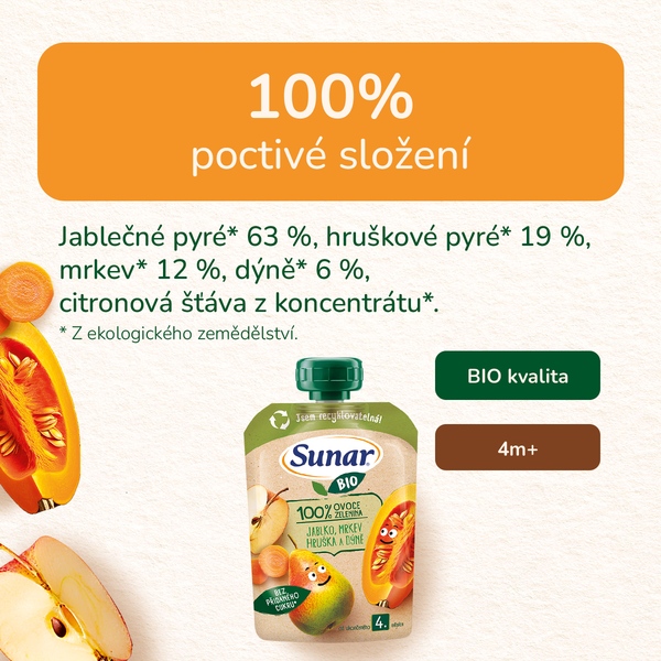 Sunar BIO ovocná kapsička jablko, mrkev, hruška a dýně 4m+, 100 g