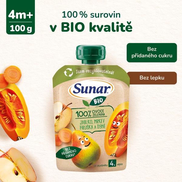 Sunar BIO ovocná kapsička jablko, mrkev, hruška a dýně 4m+, 100 g