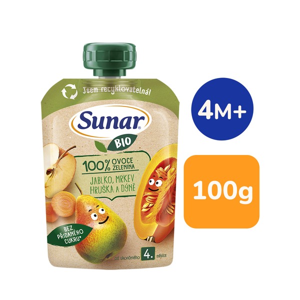 Sunar BIO ovocná kapsička jablko, mrkev, hruška a dýně 4m+, 100 g