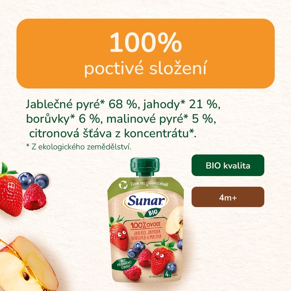Sunar BIO ovocná kapsička jablko, jahoda, borůvka, malina 4m+, 100 g Sunar BIO ovocná kapsička jablko, jahoda, borůvka, malina 4m+, 100 g