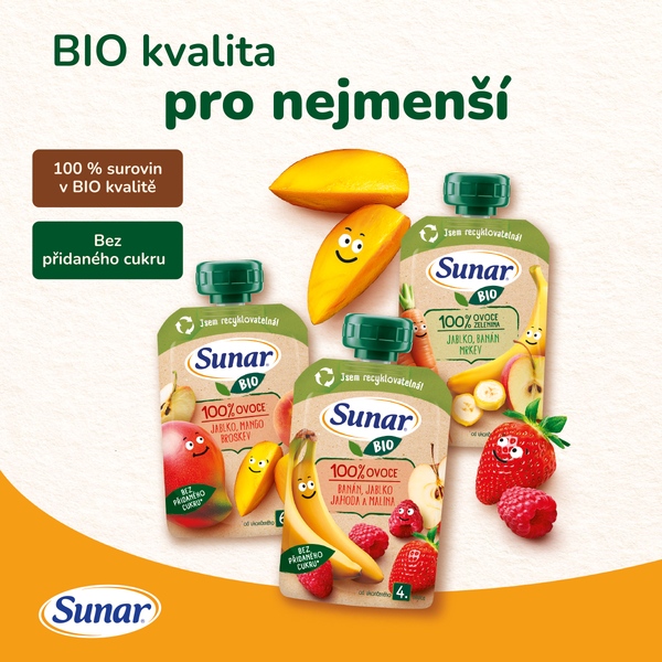 Sunar BIO ovocná kapsička jablko, jahoda, borůvka, malina 4m+, 100 g Sunar BIO ovocná kapsička jablko, jahoda, borůvka, malina 4m+, 100 g