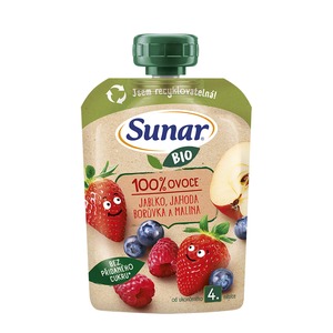 Sunar BIO ovocná kapsička jablko, jahoda, borůvka, malina 4m+, 100 g Sunar BIO ovocná kapsička jablko, jahoda, borůvka, malina 4m+, 100 g