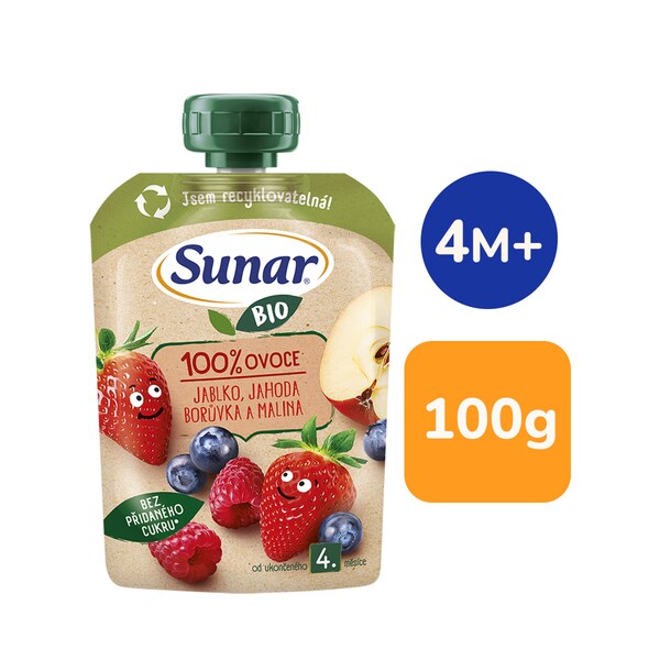 Sunar BIO ovocná kapsička jablko, jahoda, borůvka, malina 4m+, 100 g Sunar BIO ovocná kapsička jablko, jahoda, borůvka, malina 4m+, 100 g