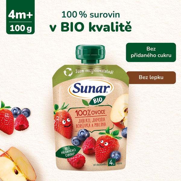 Sunar BIO ovocná kapsička jablko, jahoda, borůvka, malina 4m+, 100 g Sunar BIO ovocná kapsička jablko, jahoda, borůvka, malina 4m+, 100 g
