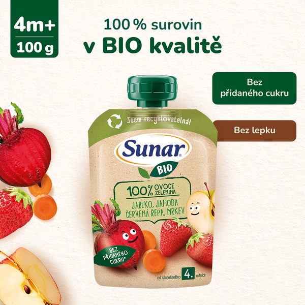 Sunar BIO ovocná kapsička jablko, jahoda, červená řepa 4m+, 100 g