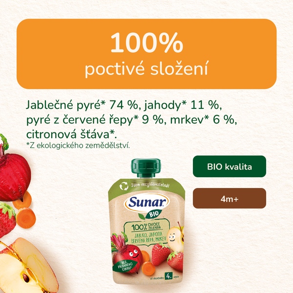 Sunar BIO ovocná kapsička jablko, jahoda, červená řepa 4m+, 100 g