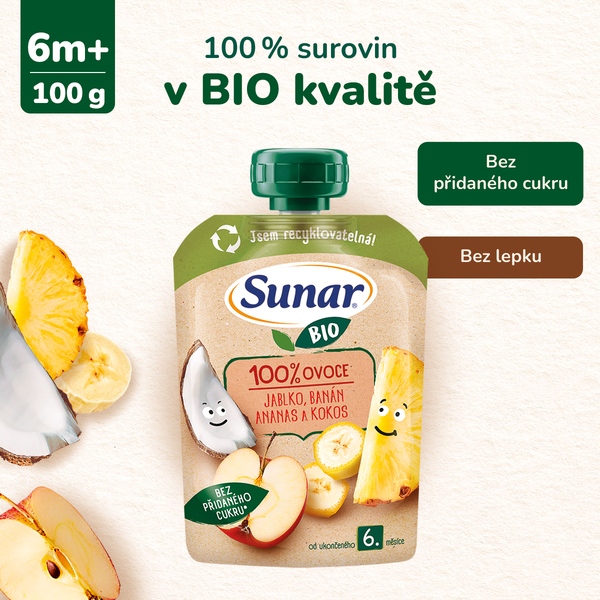 Sunar BIO ovocná kapsička jablko, banán, ananas, kokos 6m+, 100 g Sunar BIO ovocná kapsička jablko, banán, ananas, kokos 6m+, 100 g