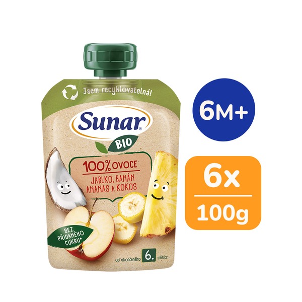 Sunar BIO ovocná kapsička jablko, banán, ananas, kokos 6m+, 100 g Sunar BIO ovocná kapsička jablko, banán, ananas, kokos 6m+, 100 g