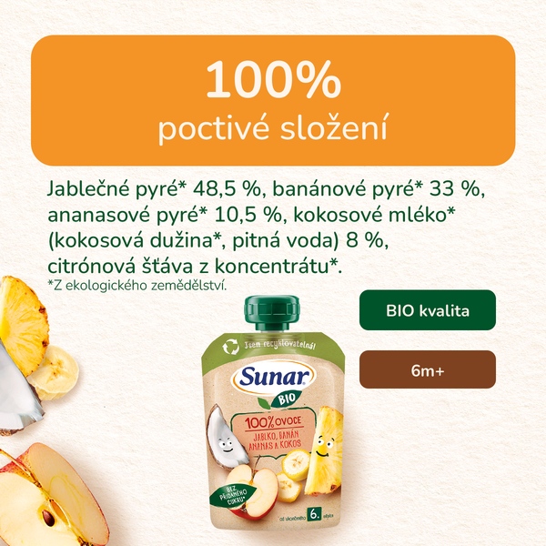 Sunar BIO ovocná kapsička jablko, banán, ananas, kokos 6m+, 100 g Sunar BIO ovocná kapsička jablko, banán, ananas, kokos 6m+, 100 g