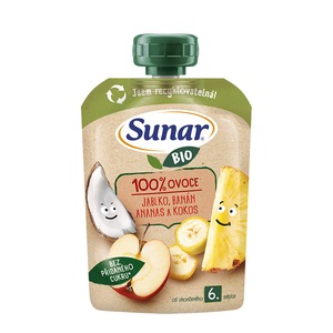 Sunar BIO ovocná kapsička jablko, banán, ananas, kokos 6m+, 100 g Sunar BIO ovocná kapsička jablko, banán, ananas, kokos 6m+, 100 g