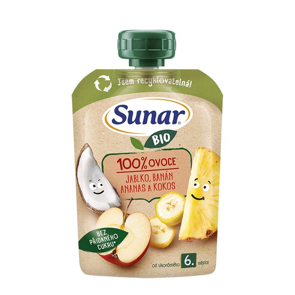 Sunar BIO ovocná kapsička jablko, banán, ananas, kokos 6m+, 100 g Sunar BIO ovocná kapsička jablko, banán, ananas, kokos 6m+, 100 g