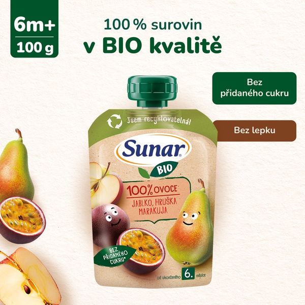 Sunar BIO ovocná kapsička jablko, hruška, marakuja 6m+, 100 g