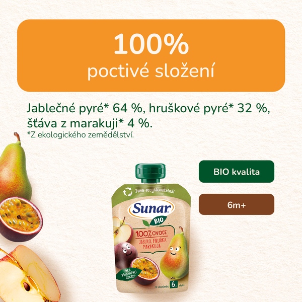 Sunar BIO ovocná kapsička jablko, hruška, marakuja 6m+, 100 g