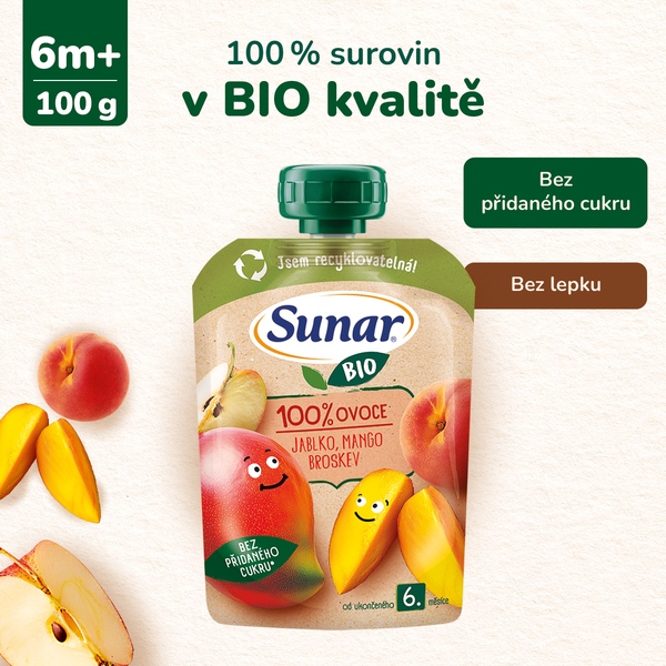 Sunar BIO ovocná kapsička jablko, mango, broskev 6m+,100 g Sunar BIO ovocná kapsička jablko, mango, broskev 6m+,100 g