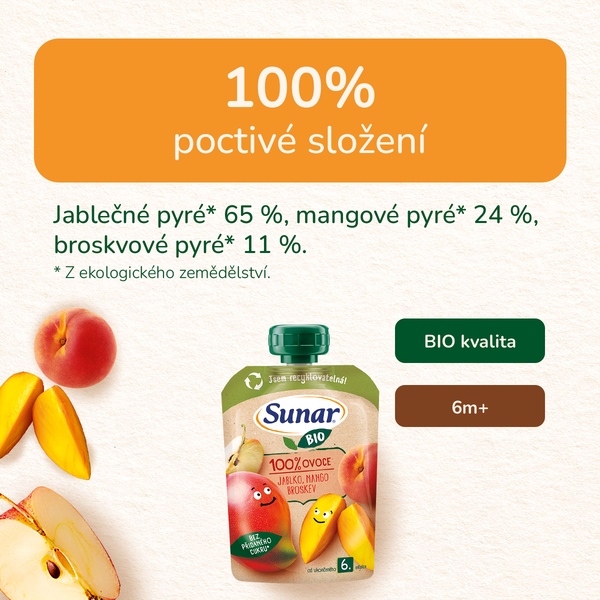Sunar BIO ovocná kapsička jablko, mango, broskev 6m+,100 g Sunar BIO ovocná kapsička jablko, mango, broskev 6m+,100 g