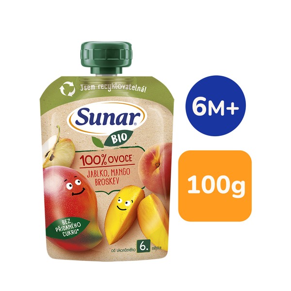 Sunar BIO ovocná kapsička jablko, mango, broskev 6m+,100 g Sunar BIO ovocná kapsička jablko, mango, broskev 6m+,100 g