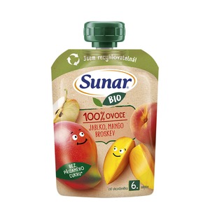 Sunar BIO ovocná kapsička jablko, mango, broskev 6m+,100 g Sunar BIO ovocná kapsička jablko, mango, broskev 6m+,100 g