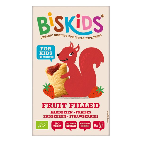 BISkids BIO měkké dětské sušenky s jahodovým pyré bez přidaného cukru 33% ovoce 12M+ 120g