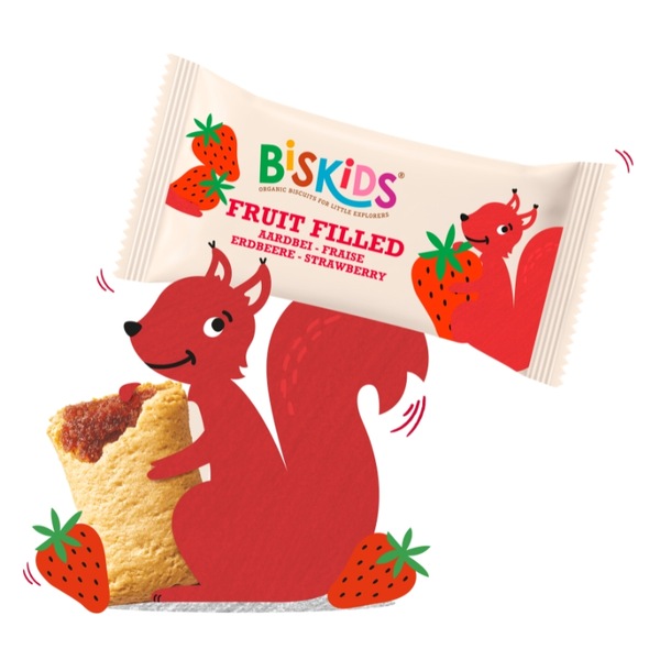 BISkids BIO měkké dětské sušenky s jahodovým pyré bez přidaného cukru 33% ovoce 12M+ 120g