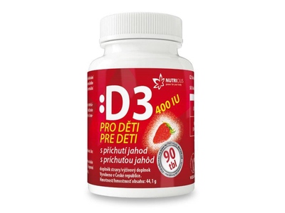 Nutricius Vitamín D3 400 IU pro děti s příchutí jahod 90 tablet Nutricius Vitamín D3 400 IU pro děti s příchutí jahod 90 tablet