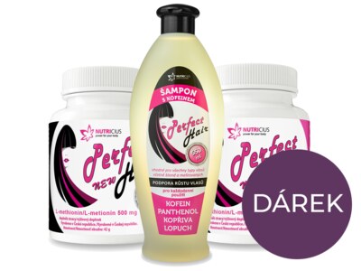 Nutricius Perfect HAIR New methionin 500 mg 2x100 tablet + dárek Kofeinový šampon