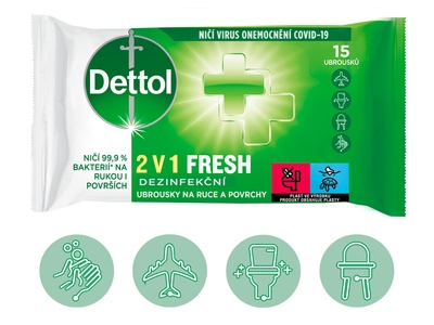 Dettol Dezinfekční ubrousky 2v1 na ruce a povrchy 15 ks Dettol Dezinfekční ubrousky 2v1 na ruce a povrchy 15 ks