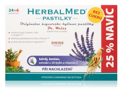 Dr. Weiss HerbalMed Šalvěj + ženšen + vitamin C bez cukru 24+6 pastilek