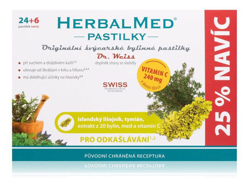 Dr. Weiss HerbalMed Islandský lišejník + tymián + med + vitamin C 24+6 pastilek