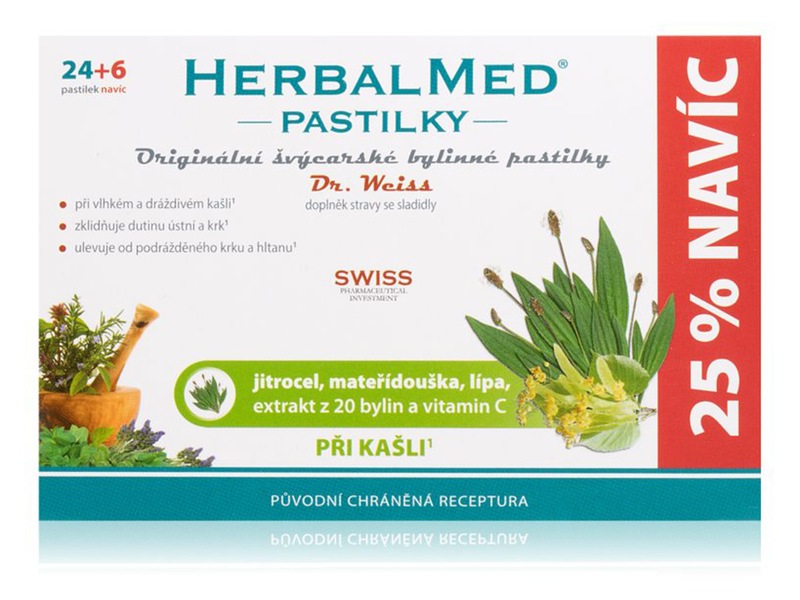 Dr. Weiss HerbalMed Jitrocel + mateřídouška + lípa + vitamin C 24+6 pastilek