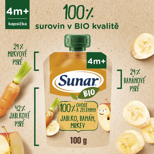Sunar BIO ovocná kapsička jablko, banán, mrkev 4m+, 100 g 