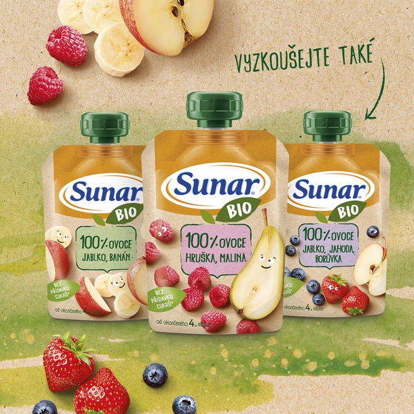 Sunar BIO ovocná kapsička jablko, banán, mrkev 4m+, 100 g 