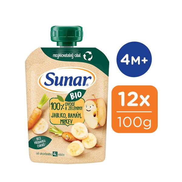 Sunar BIO ovocná kapsička jablko, banán, mrkev 4m+, 100 g 