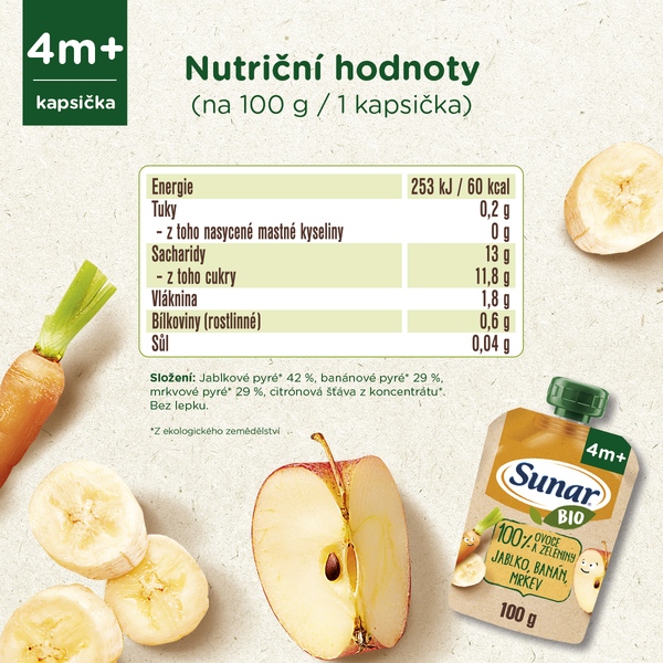 Sunar BIO ovocná kapsička jablko, banán, mrkev 4m+, 100 g 