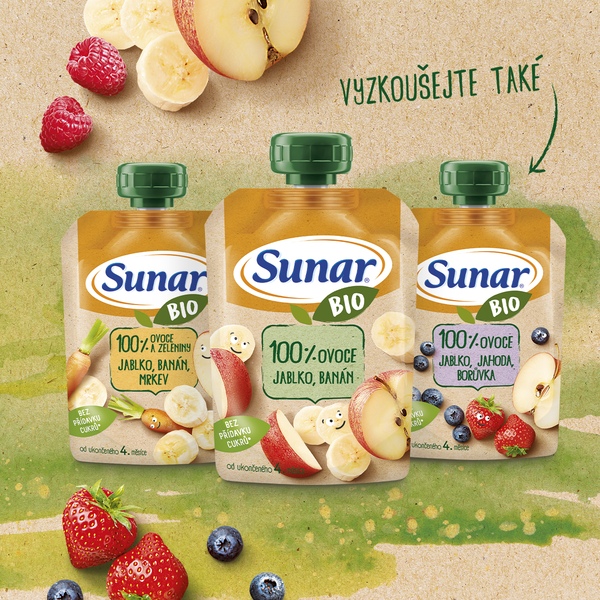 Sunar BIO ovocná kapsička hruška, malina 4m+, 100 g 