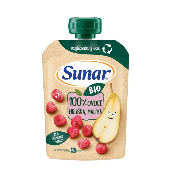 Sunar BIO ovocná kapsička hruška, malina 4m+, 100 g 