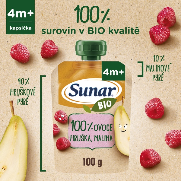 Sunar BIO ovocná kapsička hruška, malina 4m+, 100 g 